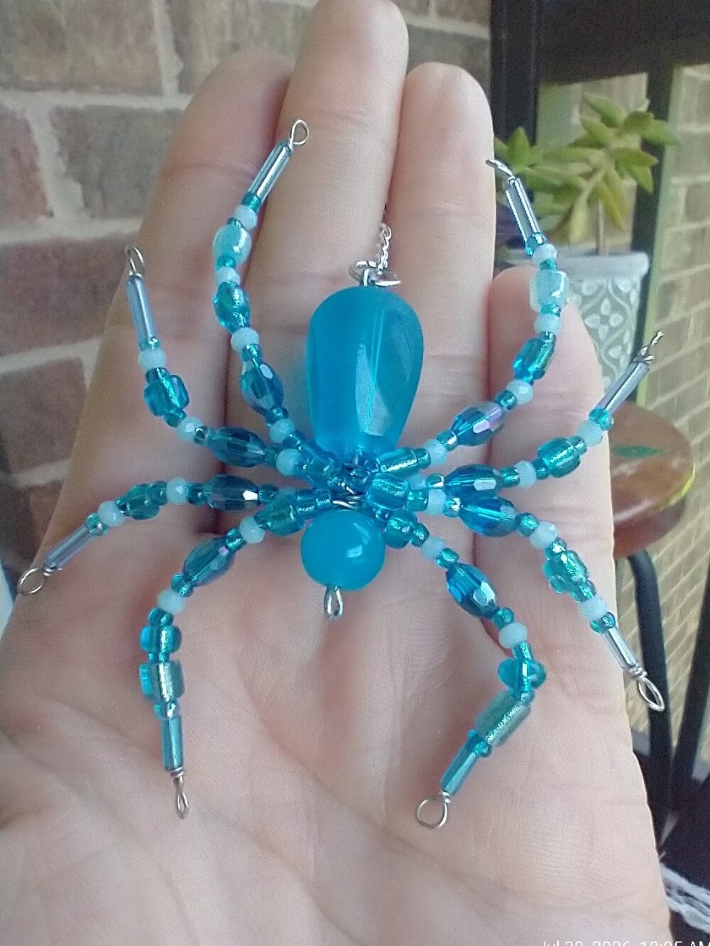 Handmade Beaded Spider Pendant in Bright Teal